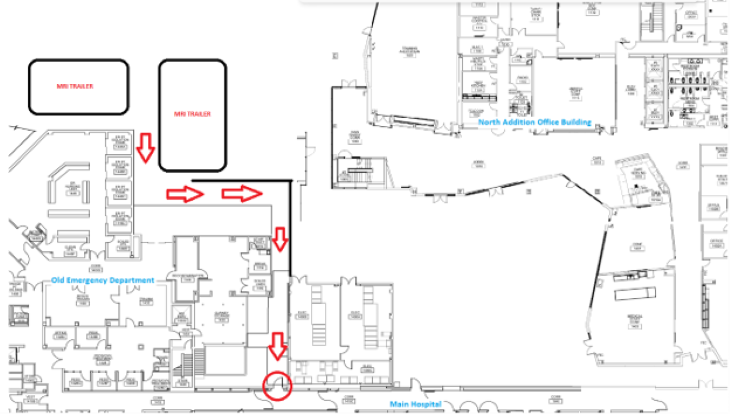 map showing current route from MRI trailers into the main hospital